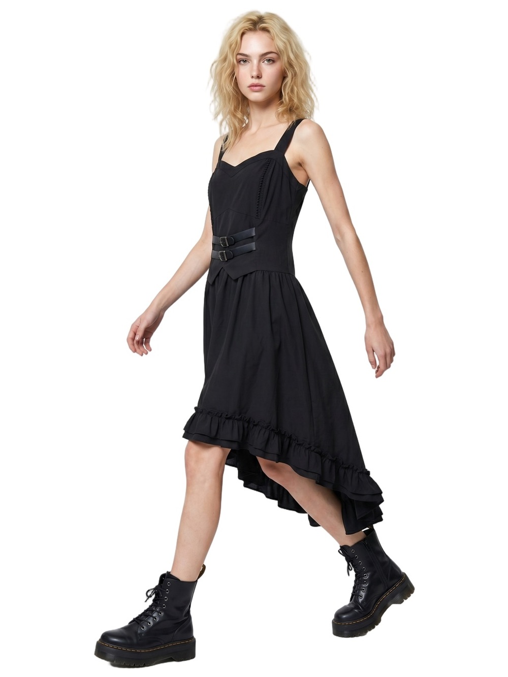 SCARLET DARKNESS Sleeveless wide V neck Black HiLow Midi Goth Buckles Ruffle hem - Picture 3 of 14